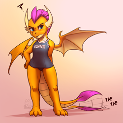 Size: 2375x2375 | Tagged: safe, artist:mykegreywolf, character:smolder, species:dragon, blushing, clothing, dragoness, female, gradient background, high res, impatient, looking at you, one-piece swimsuit, smolder is not amused, smoldere, solo, sukumizu, swimsuit, tail wag, tsundere, unamused