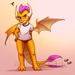 Size: 2375x2375 | Tagged: safe, artist:mykegreywolf, character:smolder, species:dragon, blushing, clothing, dragoness, female, gradient background, gym uniform, high res, impatient, looking at you, shirt, smolder is not amused, smoldere, solo, sports panties, tail wag, tsundere, unamused