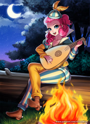 Size: 880x1200 | Tagged: safe, artist:racoonsan, commissioner:imperfectxiii, character:pinkie pie, species:human, episode:dungeons & discords, bard, bard pie, campfire, clothing, commission, dungeons and dragons, fantasy class, female, humanized, log, lute, moon, musical instrument, night, night sky, ogres and oubliettes, open mouth, pony coloring, sitting, sky, solo