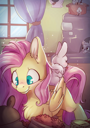 Size: 2481x3508 | Tagged: safe, artist:cutepencilcase, character:angel bunny, character:fluttershy, species:pegasus, species:pony, cat, chimney, female, mare, mouse, pot, rabbits riding ponies, smiling, tongue out, window