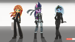 Size: 1920x1080 | Tagged: safe, artist:howxu, character:sunset shimmer, character:trixie, character:twilight sparkle, my little pony:equestria girls, agent 47, business suit, clothing, eyepatch, female, future twilight, gloves, hitman, metal gear solid, sam fisher, solid snake, solid sparkle, splinter cell, suit