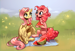 Size: 2000x1364 | Tagged: safe, artist:vincher, character:fluttershy, character:pinkie pie, species:earth pony, species:pegasus, species:pony, duo, eating, female, food, happy, mare, outdoors, picnic blanket, sitting, watermelon