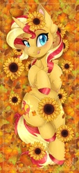 Size: 1024x2252 | Tagged: safe, artist:pvrii, character:sunset shimmer, species:pony, species:unicorn, autumn, chest fluff, cloven hooves, colored hooves, cute, cutie mark, ear fluff, female, flower, flower in hair, leaf, leg fluff, mare, on back, shimmerbetes, smiling, solo, sunflower, tongue out