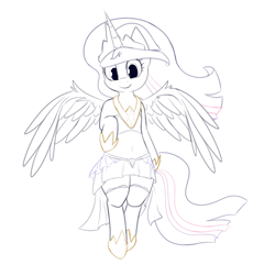 Size: 1068x1030 | Tagged: safe, artist:andelai, character:twilight sparkle, character:twilight sparkle (alicorn), species:alicorn, species:pony, episode:the last problem, g4, my little pony: friendship is magic, alternate design, beautiful, clothing, cute, female, hoof shoes, horseshoes, jewelry, lineart, mare, monochrome, princess twilight 2.0, regalia, shoes, simple background, skirt, solo, white background, wings