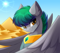 Size: 2000x1765 | Tagged: safe, artist:airiniblock, rcf community, oc, oc only, oc:mido storm, species:sphinx, big wings, clothing, commission, desert, jewelry, male, pyramid, sand, scenery, smiling, solo, sphinx oc, wings