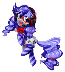 Size: 1024x1131 | Tagged: safe, artist:centchi, oc, oc only, oc:cinnabyte, species:earth pony, species:pony, clothing, deviantart watermark, earth pony oc, female, glasses, headphones, mare, obtrusive watermark, simple background, socks, solo, striped socks, transparent background, watermark