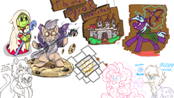 Size: 1920x1080 | Tagged: safe, artist:fluffyxai, artist:galinn-arts, artist:huffylime, character:pinkie pie, oc, oc:kyinn, oc:spirit wind, aggie.io, alternate mane style, cardboard cutout, collaboration, cookie, drawpile disasters, dungeons and dragons, fluffy, food, hug, magic, mlpds, ogres and oubliettes, speech, staff, text, wand, white mage, wizard, wizard robe