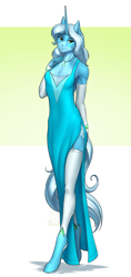 Size: 2242x4750 | Tagged: safe, artist:mykegreywolf, oc, oc only, oc:skybright bliss, species:anthro, species:pony, species:unguligrade anthro, species:unicorn, absurd resolution, anthro oc, clothing, commission, dress, female, garters, horn, jewelry, long horn, mare, necklace, shoes, side slit, smiling, solo, stockings, tall, thigh highs