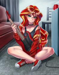 Size: 1000x1265 | Tagged: safe, artist:racoonsan, character:sunset shimmer, species:human, my little pony:equestria girls, chair, choker, clothing, coffee mug, couch, cute, eyeshadow, female, guitar, humanized, indoors, legs, looking at you, makeup, mug, musical instrument, nail polish, shimmerbetes, shoes, sitting, smiling, sneakers, solo, tank top