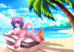 Size: 4214x3000 | Tagged: safe, artist:airiniblock, rcf community, oc, oc only, oc:sakari, species:pony, beach, butt, chest fluff, featureless crotch, female, fins, fish tail, looking at you, looking back, looking back at you, merpony, palm tree, plot, rock, sand, solo, tree, water, wave
