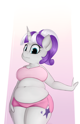 Size: 2160x3324 | Tagged: safe, artist:andelai, character:twilight velvet, species:anthro, species:pony, species:unicorn, belly button, bipedal, bra, breasts, busty twilight velvet, chubby, chubby velvet, clothing, female, gilf, gradient background, mare, milf, plump, ponytail, shorts, solo, underwear, wide hips