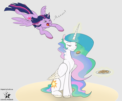 Size: 4500x3750 | Tagged: safe, artist:bri-sta, artist:wodahseht, character:princess celestia, character:twilight sparkle, character:twilight sparkle (alicorn), species:alicorn, species:pony, behaving like a cat, chest fluff, colored hooves, cookie, cute, cutie mark, duo, flying, food, glowing horn, multicolored hair, open mouth, pounce, purple eyes, smiling, smirk, smuglestia, spread wings, this will not end well, twiabetes, underhoof, wings