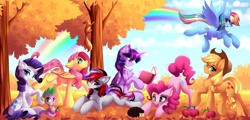 Size: 1280x615 | Tagged: safe, artist:airiniblock, rcf community, character:applejack, character:fluttershy, character:pinkie pie, character:rainbow dash, character:rarity, character:spike, character:twilight sparkle, character:twilight sparkle (alicorn), oc, species:alicorn, species:dragon, species:earth pony, species:pegasus, species:pony, species:unicorn, apple, book, chest fluff, ear fluff, eye clipping through hair, food, hedgehog, leaves, mane seven, mane six, rainbow trail, scenery, squirrel, tree
