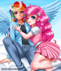 Size: 900x1050 | Tagged: safe, artist:racoonsan, character:pinkie pie, character:rainbow dash, species:human, ship:pinkiedash, blep, bracelet, clothing, cute, cutie mark hair accessory, diapinkes, dress, eyeshadow, female, humanized, jeans, jewelry, legs, lesbian, makeup, one eye closed, pants, shipping, shoes, skirt, smiling, socks, tongue out, winged humanization, wings, wink