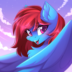 Size: 2222x2222 | Tagged: safe, artist:airiniblock, rcf community, oc, oc only, oc:lucid heart, species:pegasus, species:pony, bust, female, mare, sky, smiling, solo, wings