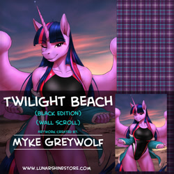 Size: 876x876 | Tagged: safe, artist:mykegreywolf, character:twilight sparkle, character:twilight sparkle (alicorn), species:alicorn, species:anthro, species:pony, advertisement, clothing, female, high-cut clothing, one-piece swimsuit, solo, swimsuit, wall scroll