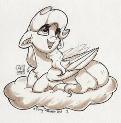 Size: 3455x3500 | Tagged: safe, artist:airfly-pony, character:vapor trail, species:pegasus, species:pony, inktober, g4, cloud, cute, female, floppy ears, grayscale, inktober 2019, looking up, mare, monochrome, open mouth, prone, smiling, solo, traditional art, vaporbetes
