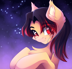 Size: 2377x2299 | Tagged: safe, artist:airiniblock, oc, oc only, species:pony, chest fluff, commission, eye clipping through hair, high res, night, red eyes, smiling, stars