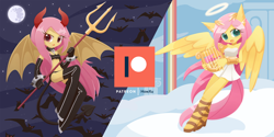 Size: 2160x1080 | Tagged: safe, artist:howxu, character:fluttershy, species:anthro, advertisement, angel, bat wings, choker, clothing, costume, cute, demon, devil horn, full moon, halloween, holiday, horn, moon, night, patreon, patreon logo, pitchfork, shyabetes, wings