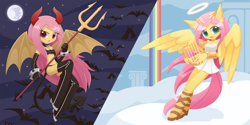 Size: 2160x1080 | Tagged: safe, alternate version, artist:howxu, character:fluttershy, species:anthro, angel, bat wings, choker, clothing, costume, cute, demon, devil horns, duality, full moon, halloween, holiday, horn, monster girl, monster mare, moon, night, pitchfork, shyabetes, wings