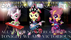 Size: 1218x689 | Tagged: safe, artist:willdrawforfood1, edit, editor:undeadponysoldier, character:apple bloom, character:scootaloo, character:sweetie belle, species:earth pony, species:pegasus, species:pony, species:unicorn, band, clothing, cutie mark crusaders, electric guitar, electric piano, female, filly, guitar, keyboard, microphone, musical instrument, panic! at the disco, show stopper outfits, song reference, victorious, word art