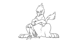 Size: 1851x1234 | Tagged: safe, artist:theandymac, oc, oc only, oc:aevery, oc:der, species:griffon, avian, crossed arms, duo, micro, monochrome, sitting, sketch, tongue out