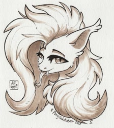 Size: 609x680 | Tagged: safe, artist:airfly-pony, character:flutterbat, character:fluttershy, species:bat pony, species:pony, inktober, bat ponified, bust, chest fluff, ear fluff, fangs, female, marker drawing, messy mane, race swap, simple background, solo, tongue out, traditional art, white background