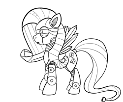 Size: 2400x2000 | Tagged: safe, artist:cybersquirrel, character:fluttershy, species:pony, inktober, flutterbot, monochrome, robot, robot pony, simple background, white background