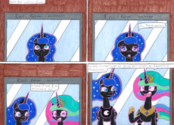 Size: 4254x3061 | Tagged: safe, artist:eternaljonathan, character:nightmare moon, character:nightmare star, character:princess celestia, character:princess luna, species:alicorn, species:pony, comic:first three back, comic, deviantart, mirror, royal sisters, traditional art, whinnyland