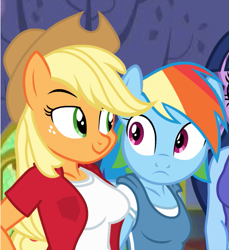 Size: 549x600 | Tagged: safe, artist:flash equestria photography, character:applejack, character:rainbow dash, species:anthro, applejack's hat, breasts, clothing, cowboy hat, hat, show accurate anthro, stare