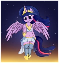 Size: 3060x3240 | Tagged: safe, artist:andelai, character:twilight sparkle, character:twilight sparkle (alicorn), species:alicorn, species:pony, episode:the last problem, g4, my little pony: friendship is magic, belly button, clothing, crown, female, hoof shoes, jewelry, looking at you, mare, midriff, peytral, princess twilight 2.0, regalia, semi-anthro, smiling, solo, stockings, thigh highs, zettai ryouiki