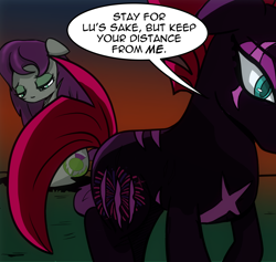 Size: 1124x1064 | Tagged: safe, artist:dsana, edit, character:fizzlepop berrytwist, character:tempest shadow, oc, oc:thistledown, species:earth pony, species:pony, species:unicorn, comic:a storm's lullaby, canon x oc, comic, cropped, female, lesbian, questionable series, rejection, sad, scar, semi-grimdark series, shipping, teary eyes