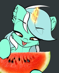 Size: 753x934 | Tagged: safe, artist:airfly-pony, edit, character:lyra heartstrings, species:pony, species:unicorn, female, food, glowing horn, herbivore, horn, solo, watermelon