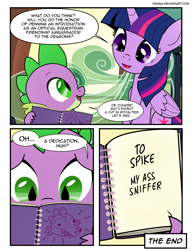 Size: 1275x1650 | Tagged: safe, artist:dsana, edit, character:spike, character:twilight sparkle, character:twilight sparkle (alicorn), species:alicorn, species:dragon, species:pony, comic:the shadow shard, bandage, book, comic, dialogue, duo, female, friendship express, male, mare, op is a duck, semi-grimdark series, the end, train, vulgar