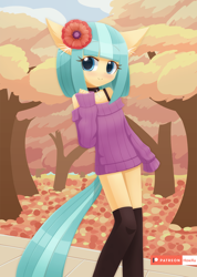 Size: 1000x1403 | Tagged: safe, artist:howxu, character:coco pommel, species:anthro, species:human, autumn, bottomless, choker, clothing, cocobetes, cute, ear fluff, female, flower, flower in hair, humanized, leaves, looking at you, partial nudity, socks, solo, stockings, sweater, tailed humanization, thigh highs, tree