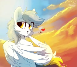 Size: 2144x1865 | Tagged: safe, artist:mirtash, artist:vistamage, oc, oc only, oc:kej, species:pegasus, species:pony, g4, chest fluff, collaboration, looking at you, male, pegasus oc, scenery, signature, solo, stallion, three quarter view, wing fluff, wings