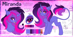 Size: 7526x3854 | Tagged: safe, artist:airfly-pony, oc, oc only, oc:miranda, species:pony, species:unicorn, fangs, female, reference sheet, solo, tongue out, vampire