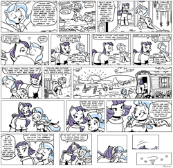 Size: 1100x1063 | Tagged: safe, artist:foudubulbe, character:maud pie, character:trixie, species:earth pony, species:pony, species:unicorn, comic:damp rocks, ship:mauxie, bed, blushing, comic, dialogue, epilogue, female, kissing, lesbian, shipping, speech bubble, suggestive series, sunset, trixie's wagon, wind