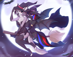 Size: 4957x3859 | Tagged: safe, artist:fensu-san, oc, oc only, oc:narcissa, oc:phase shift, species:anthro, species:bat pony, species:griffon, g4, anthro oc, bat pony oc, bat wings, broom, clothing, costume, female, flying, flying broomstick, griffon oc, halloween, halloween costume, hat, holiday, mare, moon, non-pony oc, wings, witch, witch hat