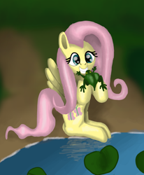 Size: 1890x2298 | Tagged: safe, artist:platinumdrop, character:fluttershy, species:pegasus, species:pony, female, frog, happy, lily pad, mare, smiling, solo