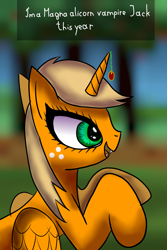 Size: 1024x1536 | Tagged: safe, artist:platinumdrop, character:applejack, species:alicorn, species:pony, alicornified, applecorn, fangs, female, freckles, mare, race swap, rearing, solo, vampire