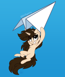Size: 3312x3941 | Tagged: safe, artist:airfly-pony, oc, oc only, oc:nastich karandasheva, species:pony, species:unicorn, blue background, flying, simple background, solo, telegram