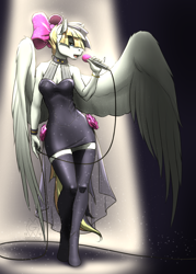 Size: 2250x3150 | Tagged: safe, artist:mykegreywolf, character:songbird serenade, species:anthro, species:pegasus, species:pony, species:unguligrade anthro, my little pony: the movie (2017), bow, clothing, dress, female, hair bow, mare, microphone, singing, solo, spotlight, stockings, thigh highs, zettai ryouiki