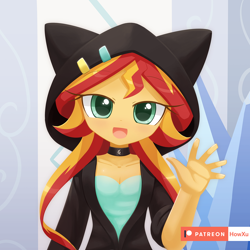Size: 1080x1080 | Tagged: safe, artist:howxu, character:sunset shimmer, my little pony:equestria girls, cat ears, cat hoodie, clothing, commission, cute, female, hoodie, looking at you, open mouth, patreon, patreon logo, shimmerbetes, solo, waving