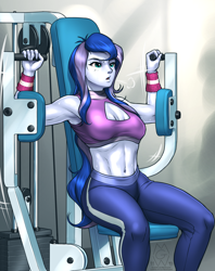 Size: 2250x2845 | Tagged: safe, artist:mykegreywolf, character:princess luna, character:vice principal luna, species:human, my little pony:equestria girls, abs, armpits, belly, belly button, belly shirt, biceps, cleavage window, clothing, female, gym, halter top, high res, midriff, muscles, pants, princess muscle moona, sitting, solo, sports bra, vice principal luna, vice principal muscle moona, workout, workout outfit