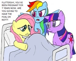 Size: 391x314 | Tagged: safe, artist:terry, edit, character:fluttershy, character:rainbow dash, character:twilight sparkle, character:twilight sparkle (unicorn), species:pegasus, species:pony, species:unicorn, alternate universe, bed, family guy, female, frown, hospital bed, jerkass has a point, mare, overdue, preggoshy, pregnant, rainbow douche, simple background, trio, white background