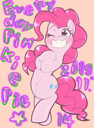 Size: 1536x2079 | Tagged: safe, artist:kurogewapony, character:pinkie pie, species:earth pony, species:pony, bipedal, cute, diapinkes, female, mare, one eye closed, pink background, simple background, smiling, solo, stars, wink