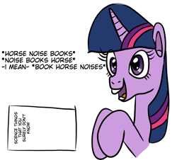 Size: 1024x927 | Tagged: safe, artist:platinumdrop, character:twilight sparkle, species:pony, book, bookhorse, descriptive noise, excited, female, horse noises, mare, simple background, solo, white background