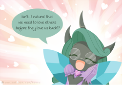 Size: 1000x697 | Tagged: safe, artist:howxu, edit, character:queen chrysalis, species:anthro, species:changeling, spoiler:comic, changeling queen, clothing, comic, cropped, curved horn, cute, cutealis, dawwww, dialogue, dork, dorkalis, eyes closed, female, glasses, heart, hnnng, horn, howxu is trying to murder us, nerd, open mouth, question mark, reversalis, smiling, solo, speech bubble