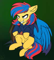 Size: 3072x3408 | Tagged: safe, artist:airfly-pony, patreon reward, oc, oc only, oc:starflame blood, species:pony, clothing, ear fluff, fangs, hoodie, patreon, reward, solo, wings